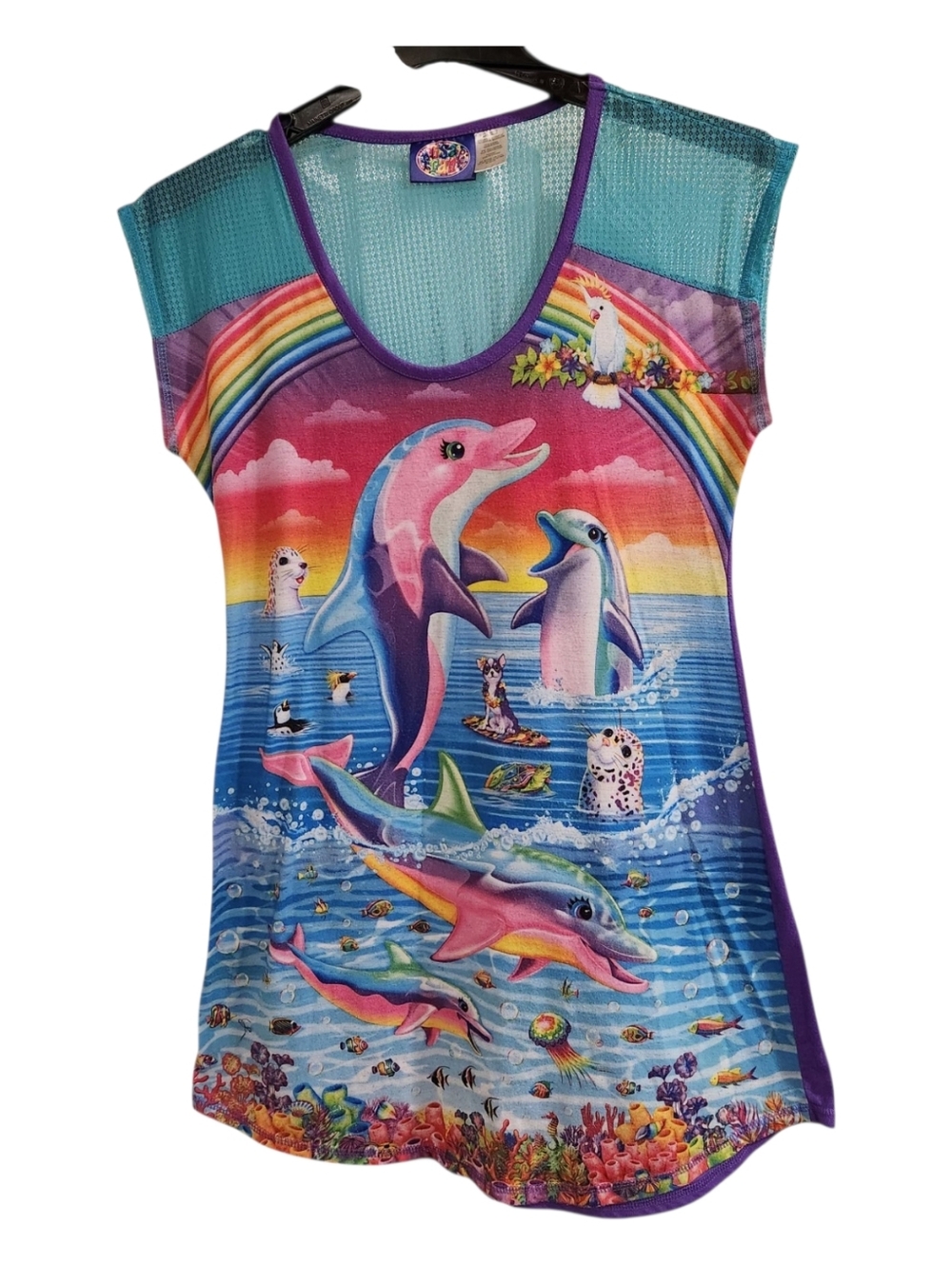 Rare Vintage Lisa Frank "Dancing Dolphins" Mesh Shoulder Sleep Shirt S/M Y2K